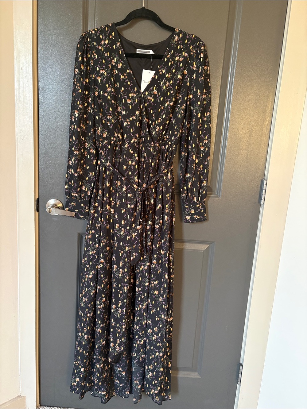 Black Floral Wrap Maxi Dress with Tie Waist - Picture 3 of 6